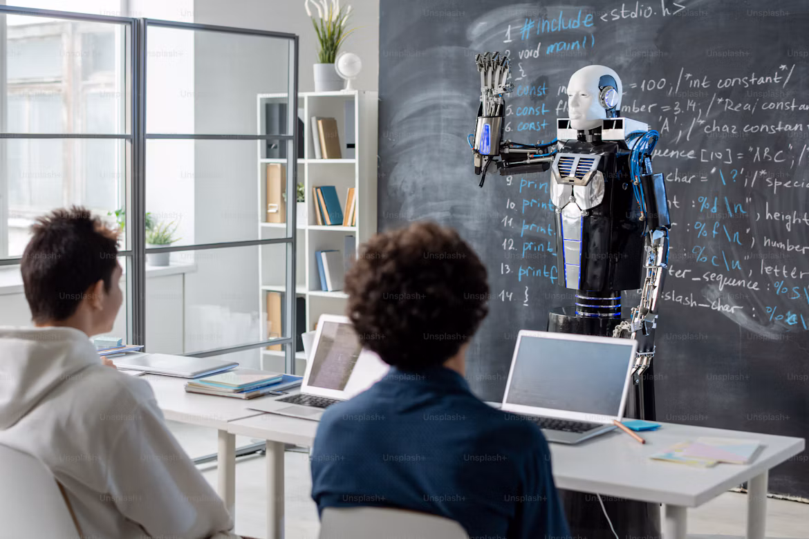 A humanoid robot teaching students in a classroom